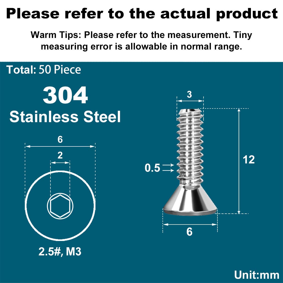 Drenky Socket Screws M3 X 12mm 304 Stainless Steel M3 Bolts Screws Countersunk DIN 7991 / ISO 10642 Machine Screw Flat Head Hex Socket Cap Screw (Pack of 50) - Image 2