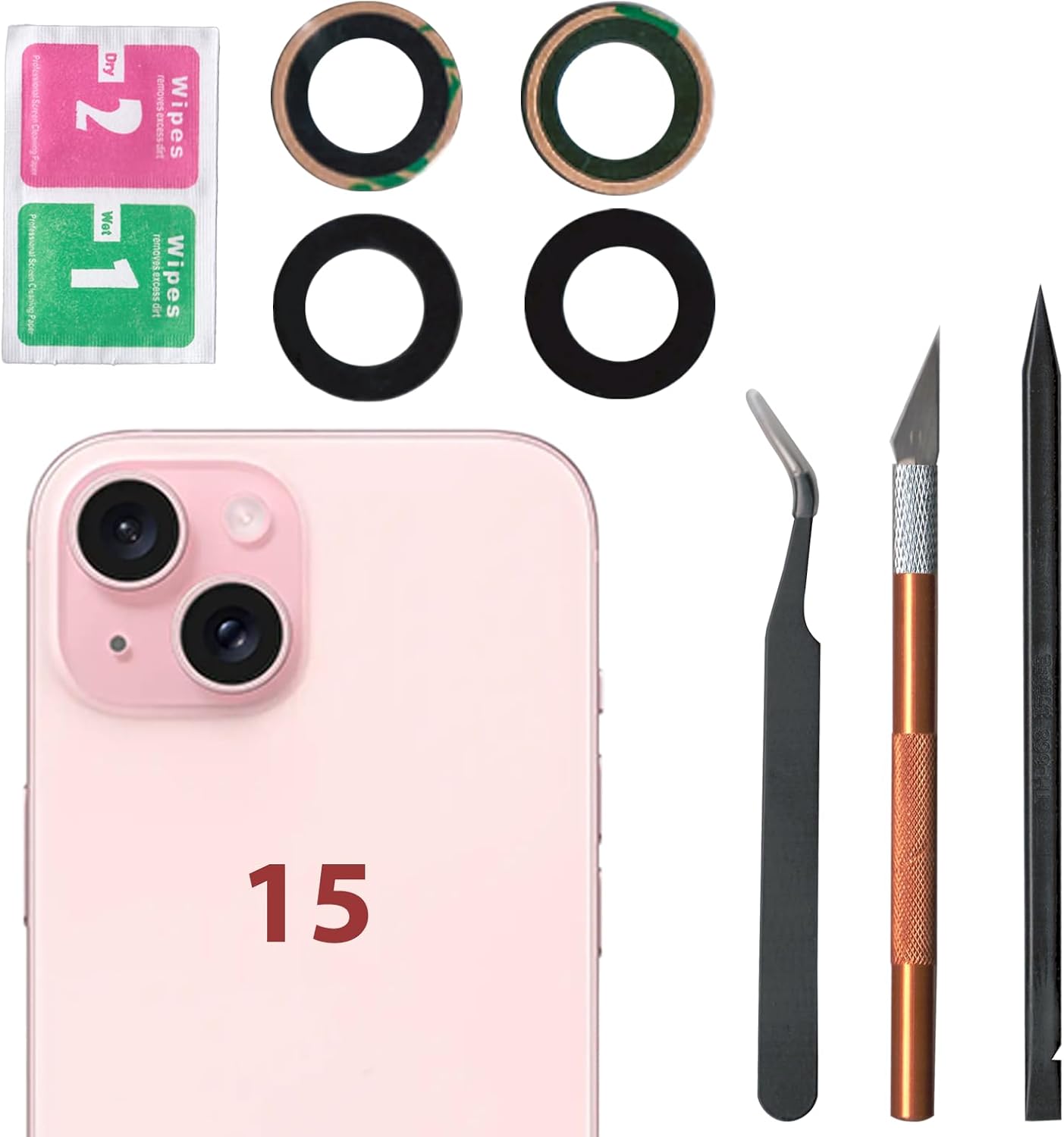 Back Rear Camera Lens Glass Replacement for iPhone 15 and 15 Plus Camera Glass Replacement with pre-Installed Adhesive and Reparing Toolkits