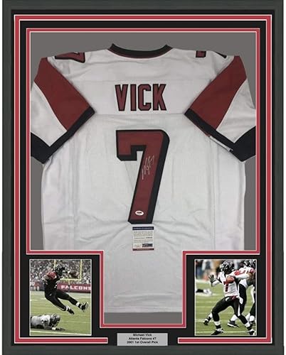 Framed AutographedSigned Michael Mike Vick 33x42 Atlanta White Football Jersey PSADNA COA