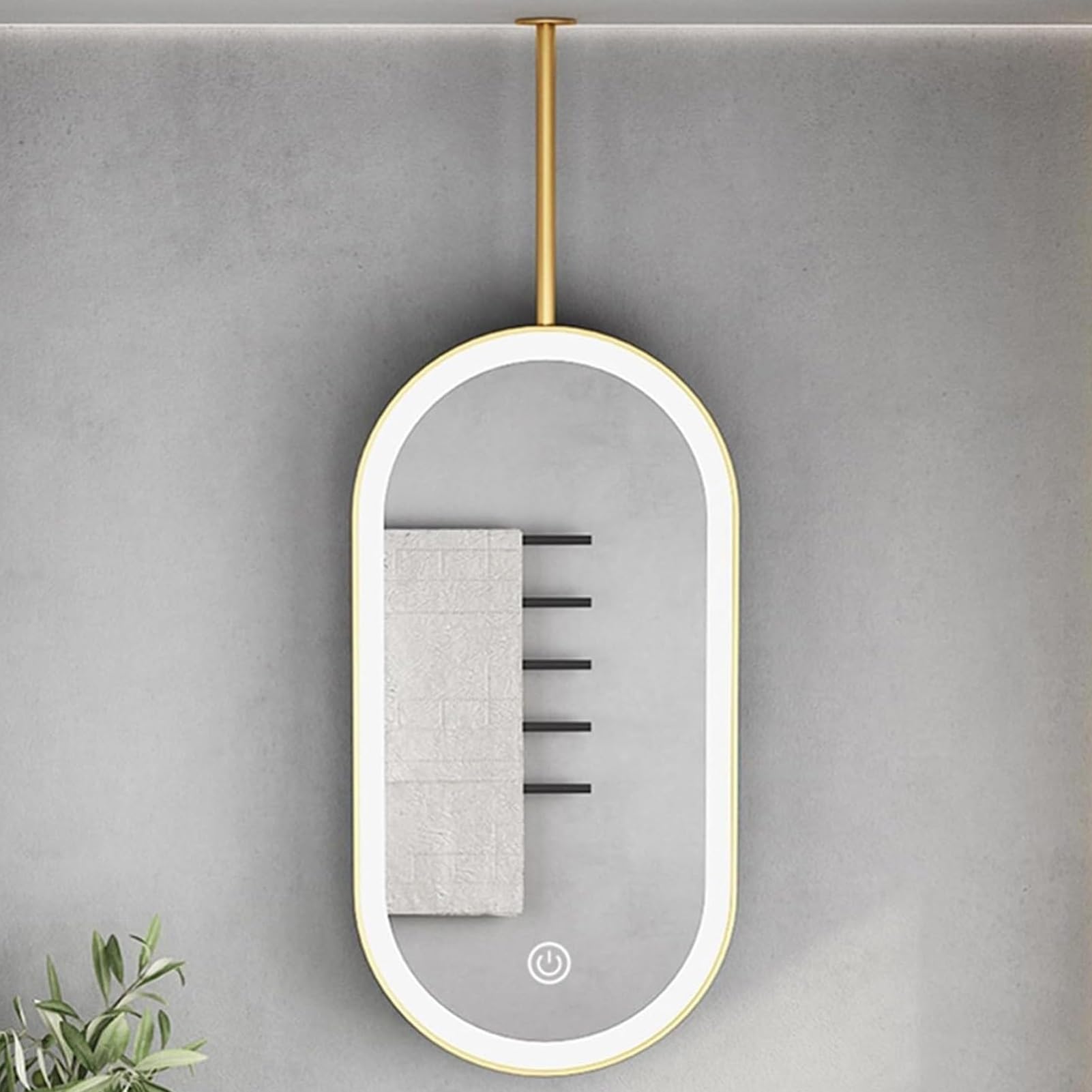 FGXHHS Customisable Ceiling Rod Oval Ceil-Mounted Bathroom Vanity Mirror with Lights, Gold Metal Frame Suspended Mirror(40cmx70cm)