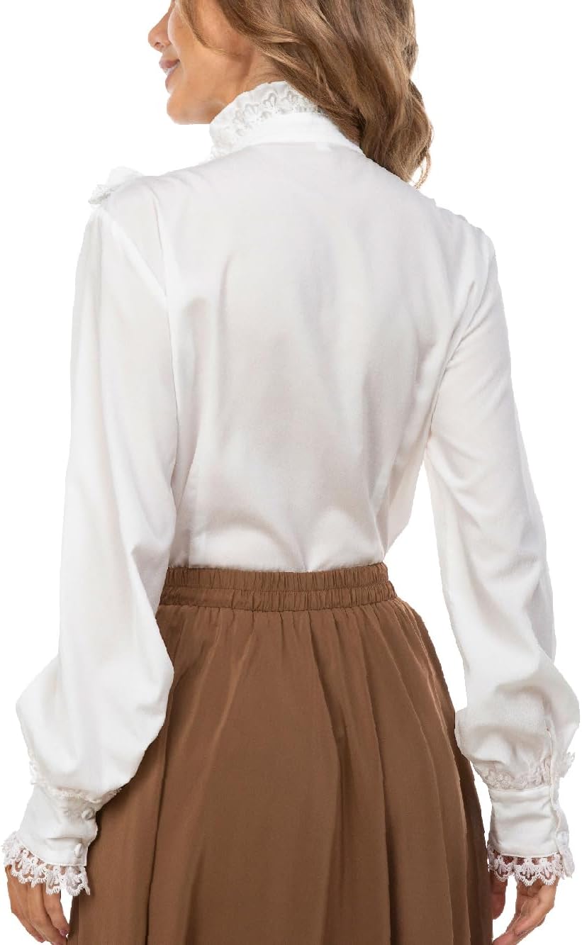 Women Victorian Blouse Long Sleeve Shirts Stand Collar Lotus Ruffle Medieval Gothic Tops