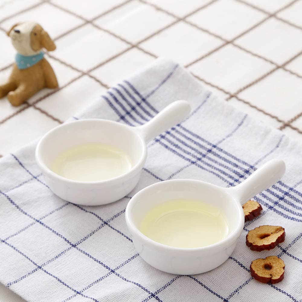 Set di 6 mini ciotole in ceramica per ketchup, piatti per condimenti, condimenti, salsa di soia, impilabili, con manico, colore bianco