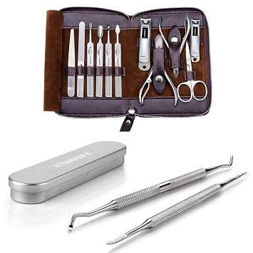 FAMILIFE 100% Stainless Steel Ingrown Toenail File Sided with Storage Case and 11 in 1 Stainless Steel Manicure Set with Box