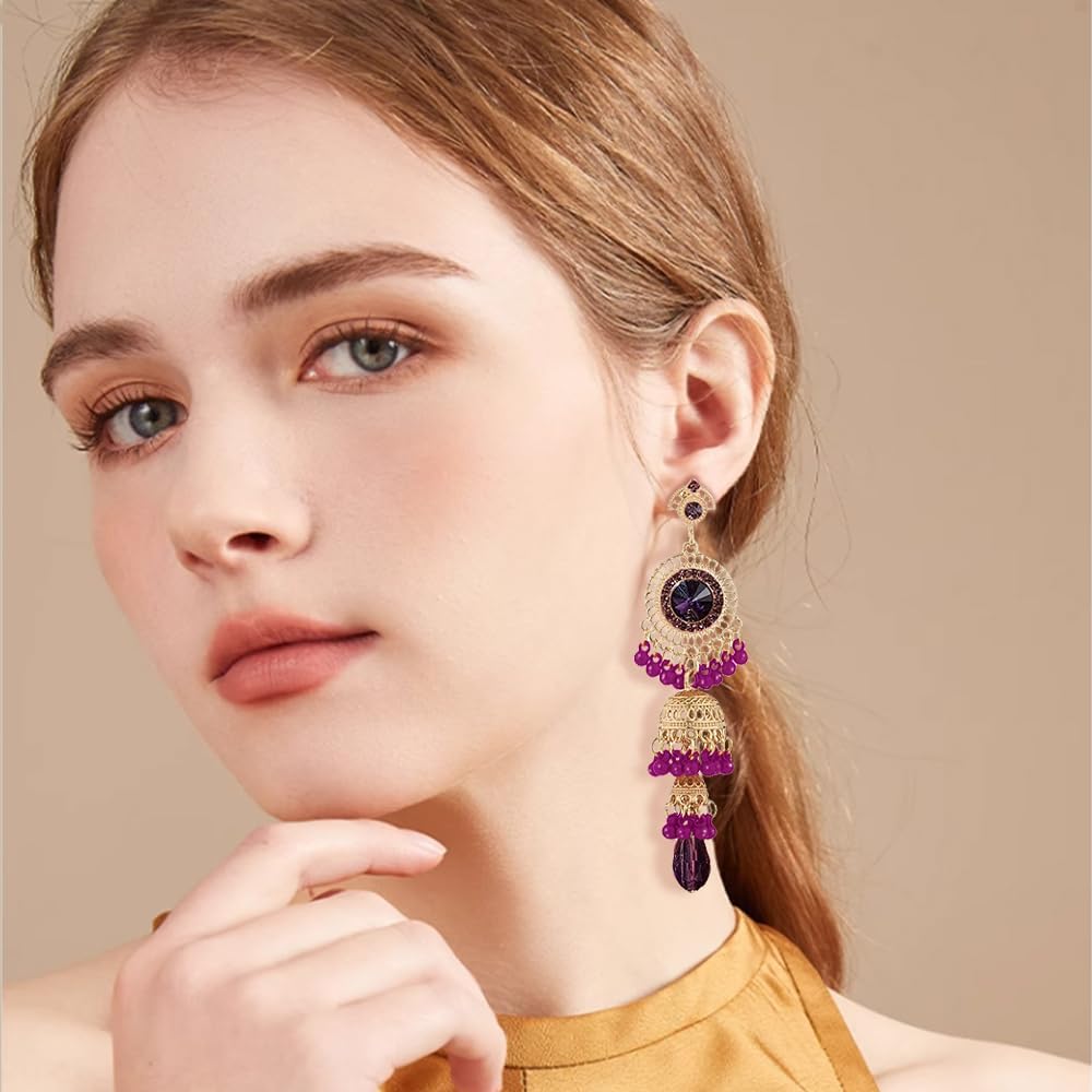 Vintage Jhumka Jhumki Tassel Drop Dangle Earrings Indian Ethnic Beaded Bell Statement Antique Traditional Earring for Women Crystal Wedding Party Festival Bohemian Bollywood Jewelry Gift - Image 6