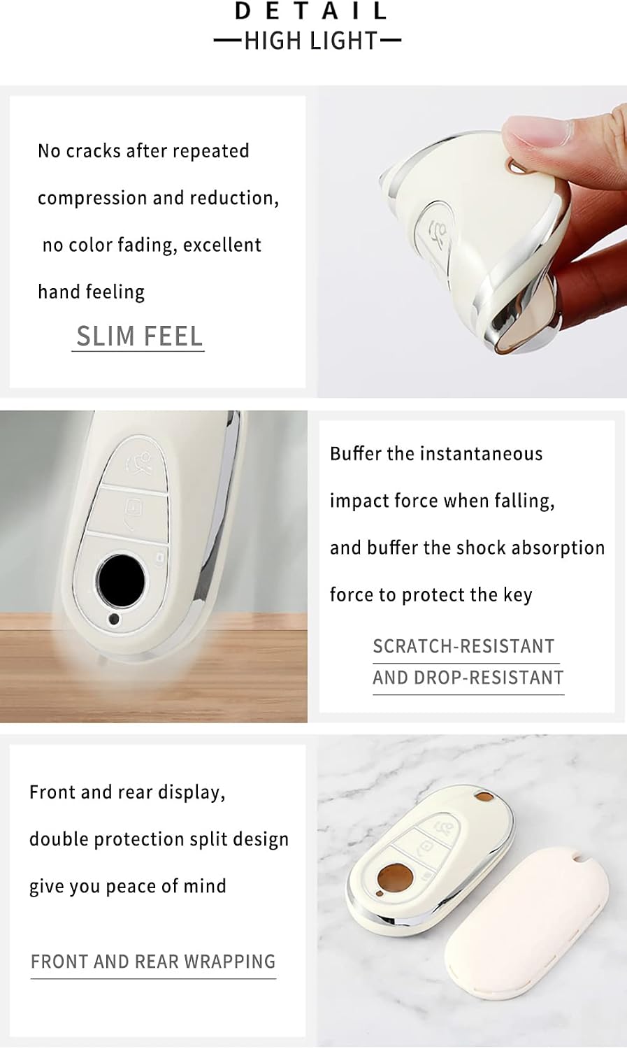 SANRILY Sliver-Edge Smart Key Fob Cover for Mercedes Benz S-Class W223/New S580, G-Class E-Class 2022 2021 Accessories Keyless Key Case with Bling Leather Keychain Beige image 5