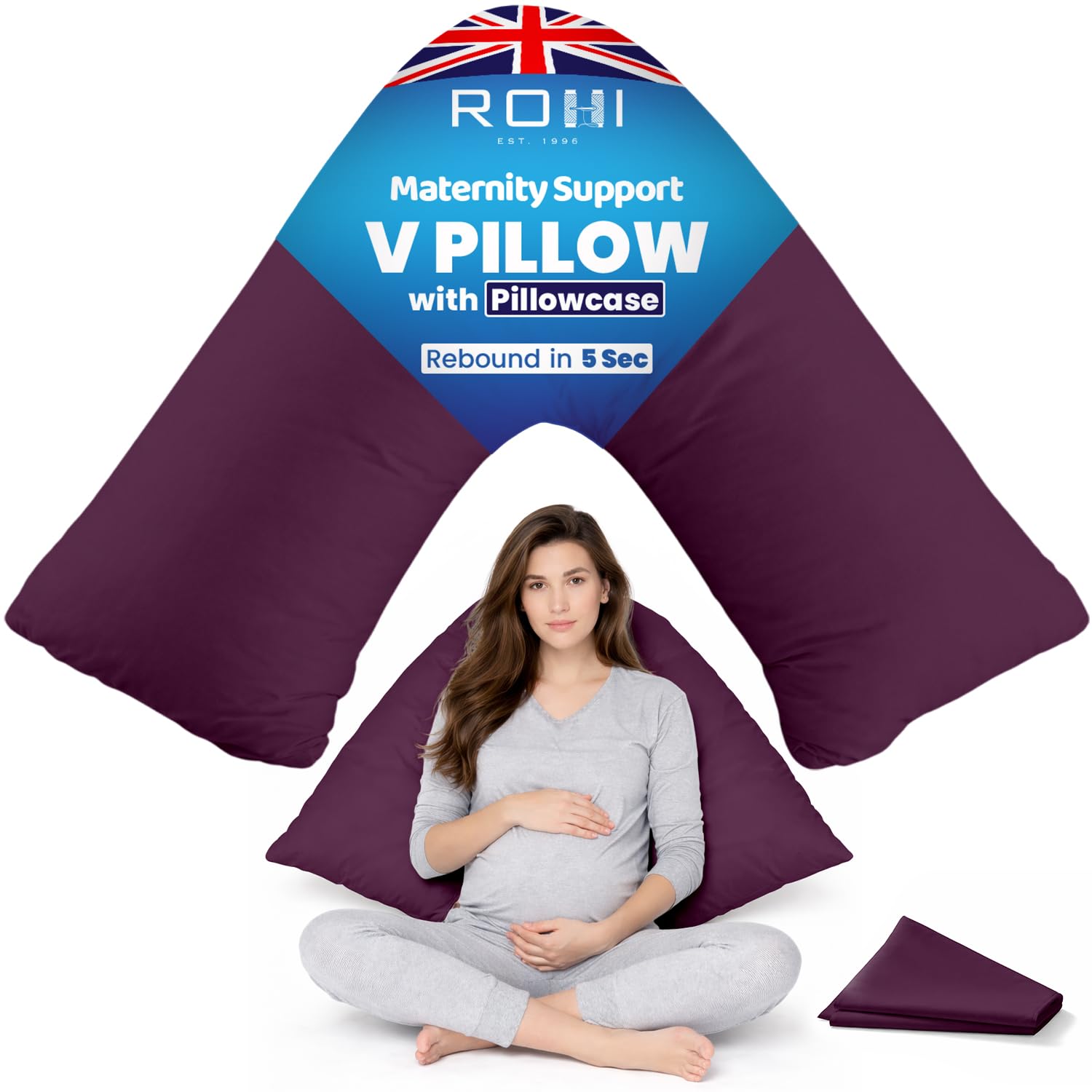 Rohi Plum Orthopaedic V Pillow With Pillowcase – Anti Allergy Triangle Pillows For Adults, Nursing, Maternity & Pregnancy – Extra Hollowfibre Cushioning To Supports Neck, Head & Back (Plum)
