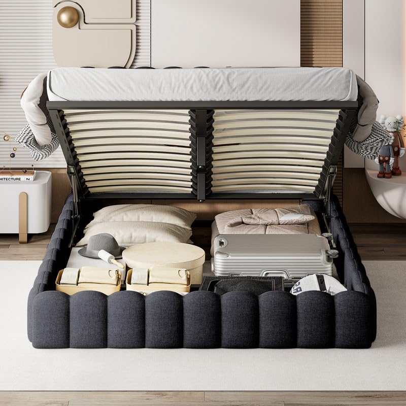 Polsterbett Doppelbett 160x200 mit Hydraulisch Stauraum, LED Bett 160x200 mit Bettkasten und Lattenrost, Staufach-Kopfteil mit USB Ladestation, Stauraumbett Funktionsbett aus Holz und Leinen