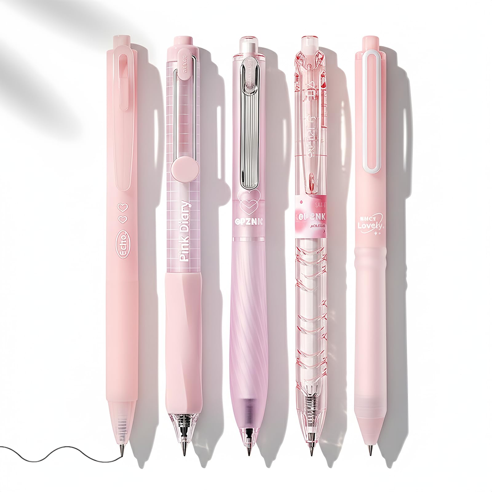 Hyleon 5 Pcs Black Pens, 0.5mm Gel Pens with Aesthetic Translucent Pink Barrel, Smooth Writing Retractable Ink Pen for School, Office and Home Stationery
