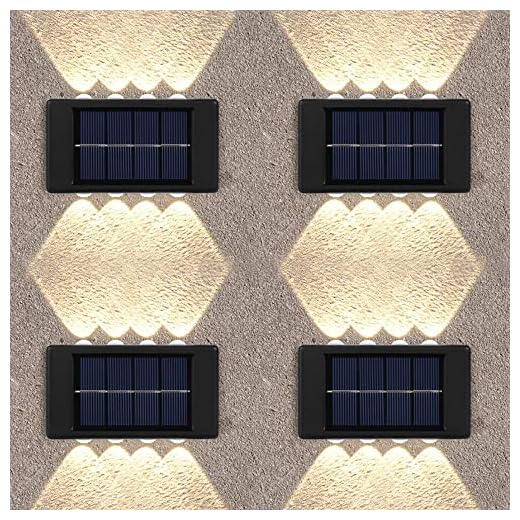 SKJJL Aplique Solar Exterior, 4 Piezas Luz Solar Exterior Jardin, Luz de Pared Solar Al Aire Libre, IP65 a Prueba Agua Luces de Pared Solares Decorativos para Jardín Terraza Escaleras, Blanco Cálido