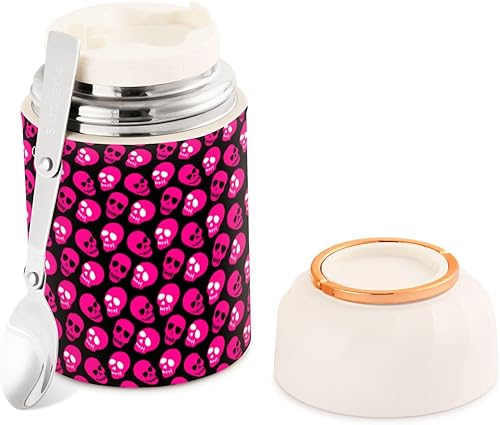 Miniatura 1 de MCHIVER Pink Skulls Food Jar with Spoon Stainless Steel Vacuum Insulated Food Container 17 oz Food Flask for Lunch
