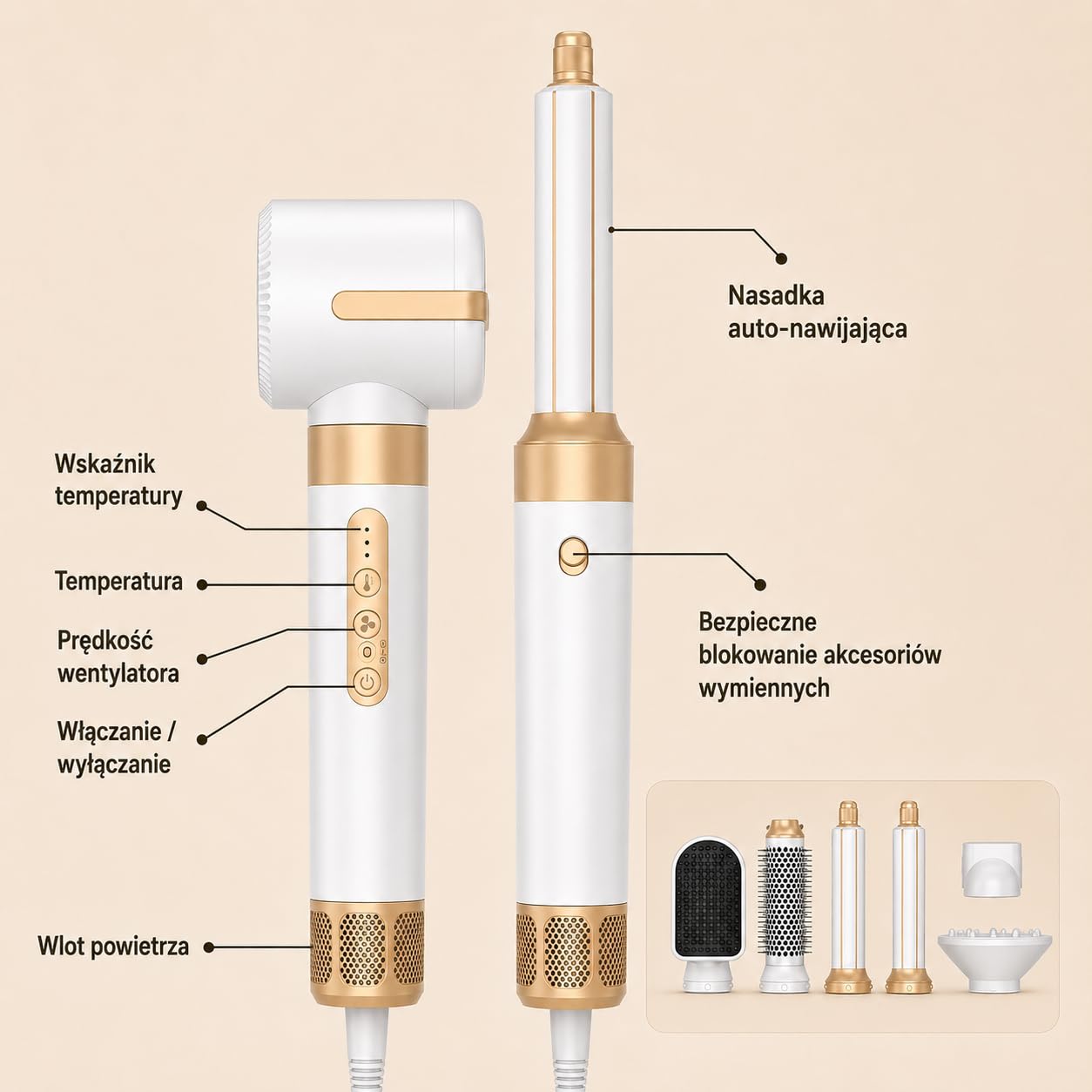 Suszarka do włosów z 7 akcesoriami, Golden Goods Multistyler Suszarka do włosów, Airstyler 7 w 1, do suszenia, szczotka do stylizacji na gorąco, do prostowania, do kręcenia loków, White/Gold Edition