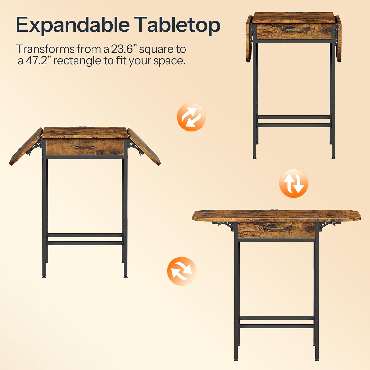 HOOBRO Bar Table, Folding Dining Table, 47.2-Inch Kitchen Table, Drop Leaf Extendabl Table with Outlets, Storage Drawer & Adjustable Feet for Kitchen, Rustic Brown and Black BF126UBT01