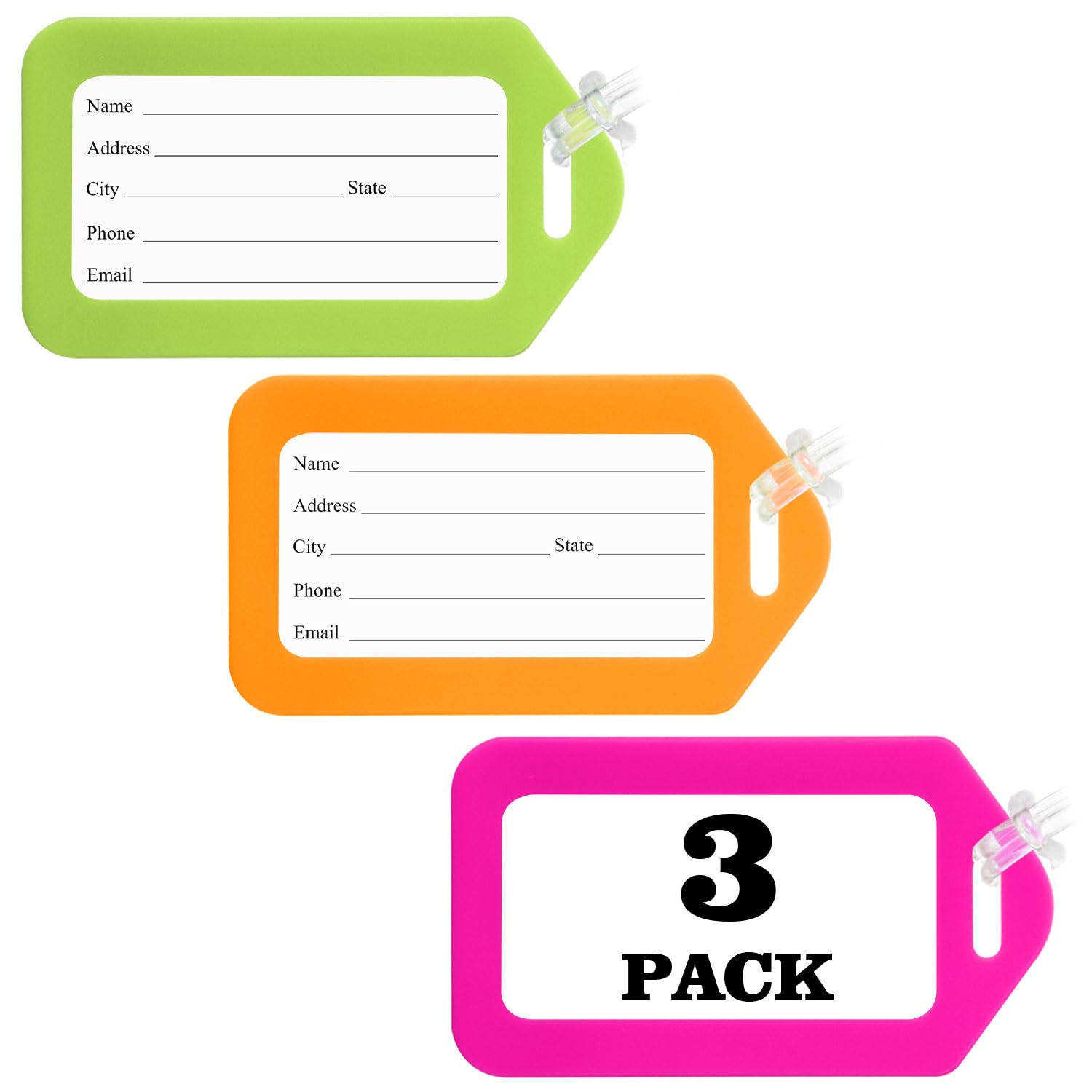 Sodsay - Paquete de 3 etiquetas de equipaje de neón brillantes para maletas, etiquetas de nombre para niños, accesorios de viaje imprescindibles (neón)