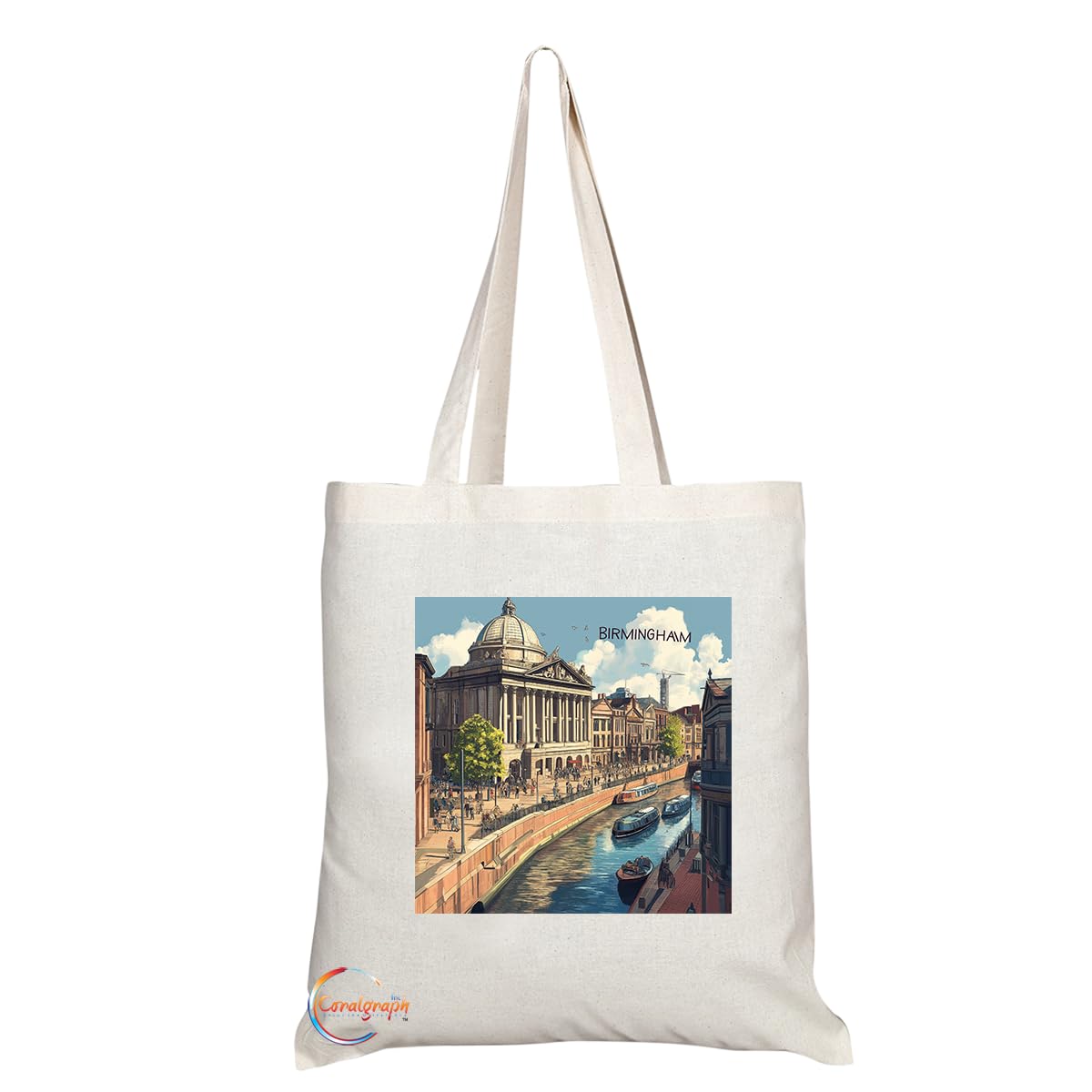 Coralgraph Natural Reusable Shopping Souvenir Tote Bag Featuring Cities and Landmarks in United Kingdom (Birmingham)