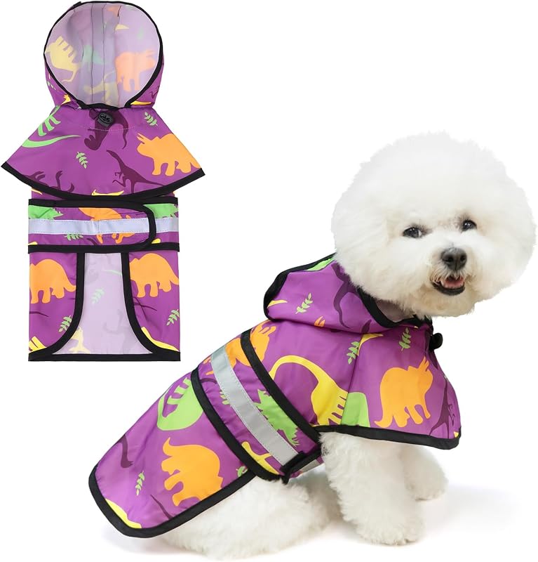 Capa de Chuva para Cães KOOLTAIL com Capuz, Faixa Refletiva e Abertura para Guia – Estampa Dinossauro, Tamanho Pequeno