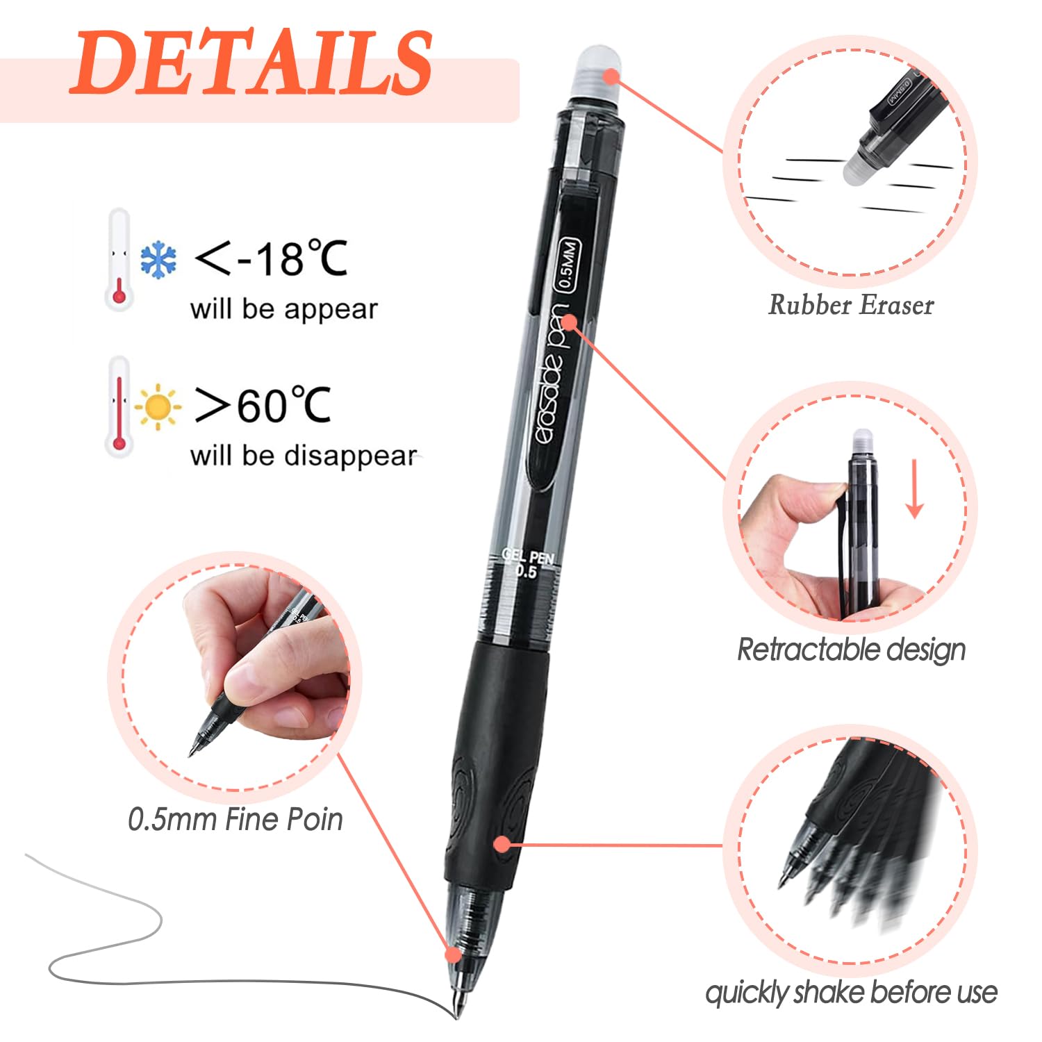 12 bolígrafos de gel borrables, punta fina Click de 0.5 mm, secado rápido, agarre cómodo, bolígrafos de escritura para escuela, oficina, exámenes (azul y negro)