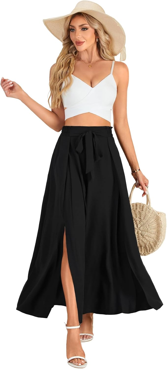 LYANER Women's Tie Knot Front Side Split Pleated A line High Waist Flowy Boho Long Skirt - Image 6