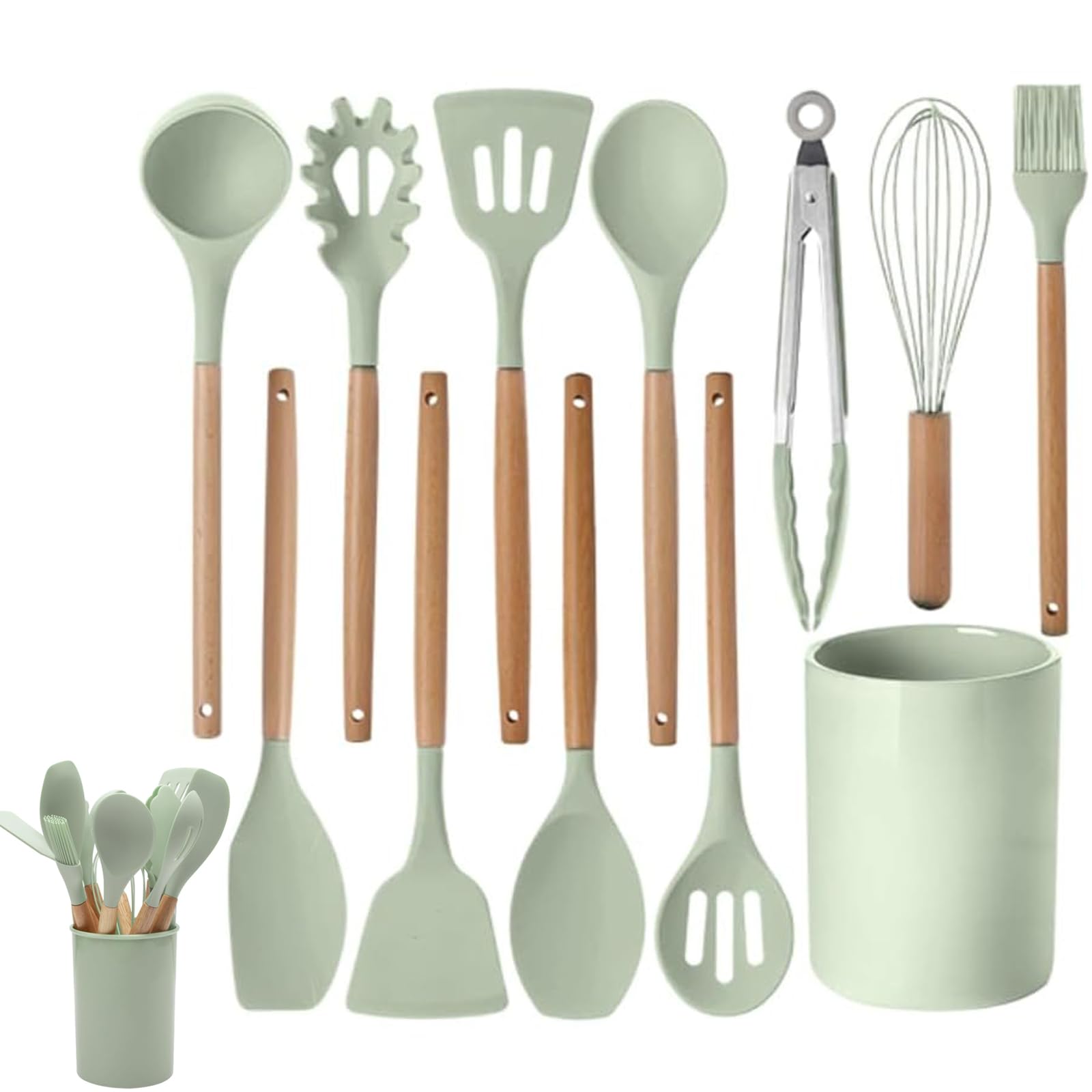 12-Piece Silicone Kitchen Utensil Set with Wooden Handles, Heat-Resistant, Nonstick Cooking Tools Set with Tongs, Spatula, Spoons & Holder, Dishwasher Safe Best Kitchen Gadgets (Green, One Size)