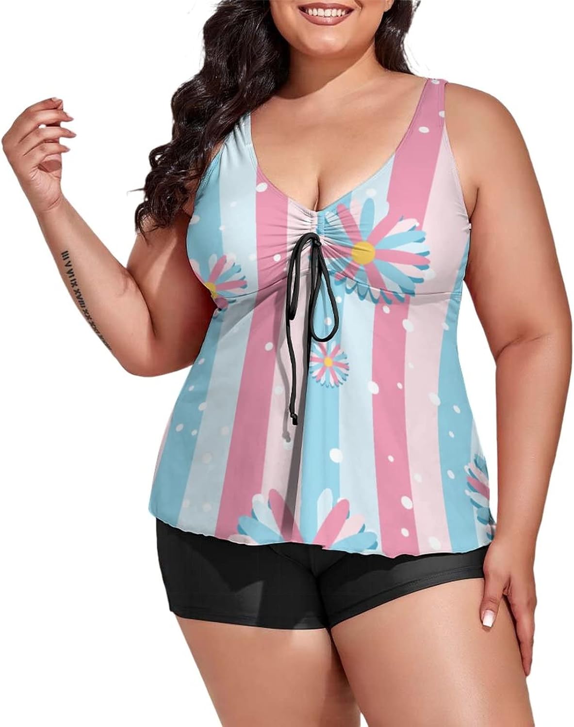 2 Piece Plus Size Tankini Swimsuit for Women Colorful Floral Seamless Bathing Suit with Shorts Tummy Control Swimwear