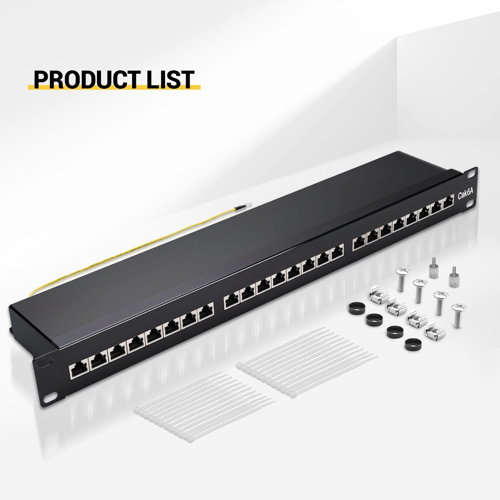 Pannello patch CAT 6a 24 porte schermato – Pannello patch da 19" per montaggio rack o montaggio server – RJ45 Patch field 19" compatibile con Cat5e Cat6 Cat6a Cat7 – 10 Gbps, nero