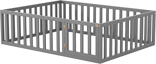 Miniatura 5 de Cama Montessori de tamaño matrimonial para niños, marco de cama con barandillas en forma de valla, listones de apoyo y puerta, cama matrimonial de