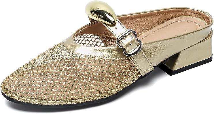 Mules for Women Chunky Heeled Sandals Fashion Mesh Mules Backless Buckle Strap Closed Toe Slip On Dress Shoes
