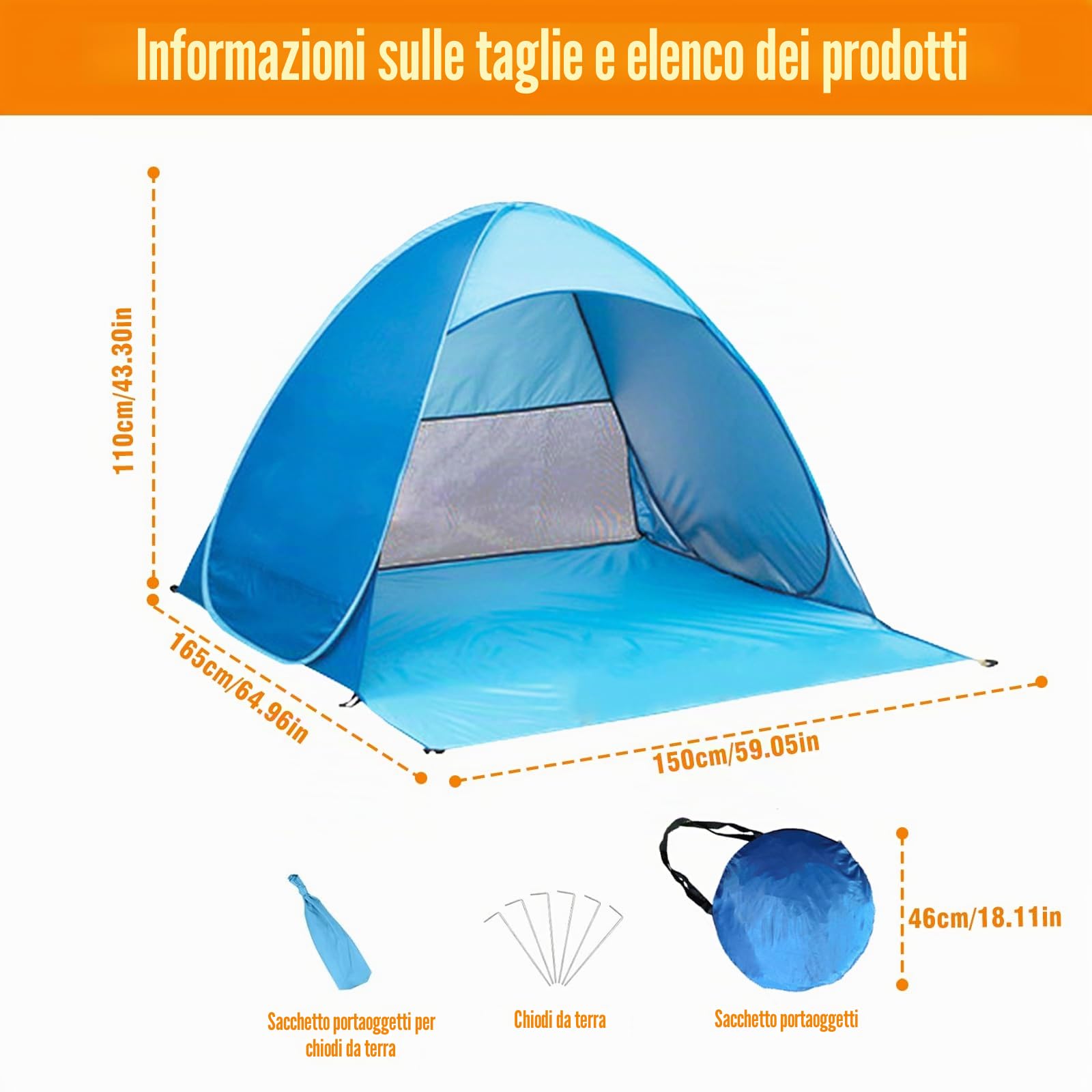 Tenda Campeggio Spiaggia Pop-up con Borsa & Picchetti,Tenda Antivento Protezione Solare per 2-3 Persone,Tenda Mare Portatile & Facile Installare per Esterni Pesca, Vacanza Viaggi, Giardino(Blue)