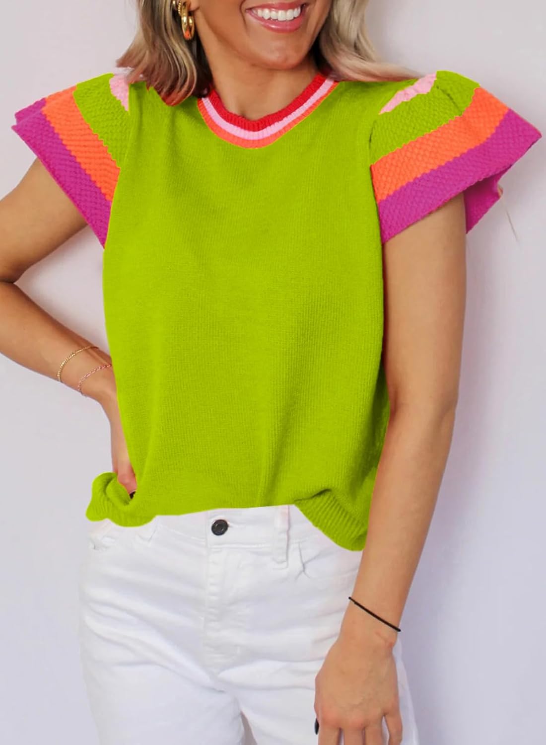 SHEWIN Womens Color Block Tops Casual Crewneck Short Sleeve Pullover Sweater Knit Lightweight Beach Vacation Clothes - Image 2