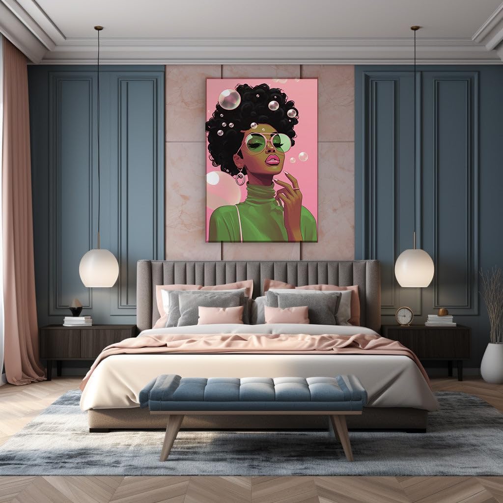 Canvas for Living room. Bubbling Over with Style: A Vivid Portrait of a Woman in Green, 27 x 18 inch Canvas Wall Art - Contemporary Masterpieces - Modern Home Decor