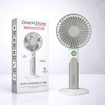One94Store Mini Handheld Fan, USB Rechargeable Fan with 1800mAh Battery, 6 Speed Cooling for Home Office Travel, White & Grey – Mini Fan, Small Fan, USB Fan, Hand Fan, Portable Fan