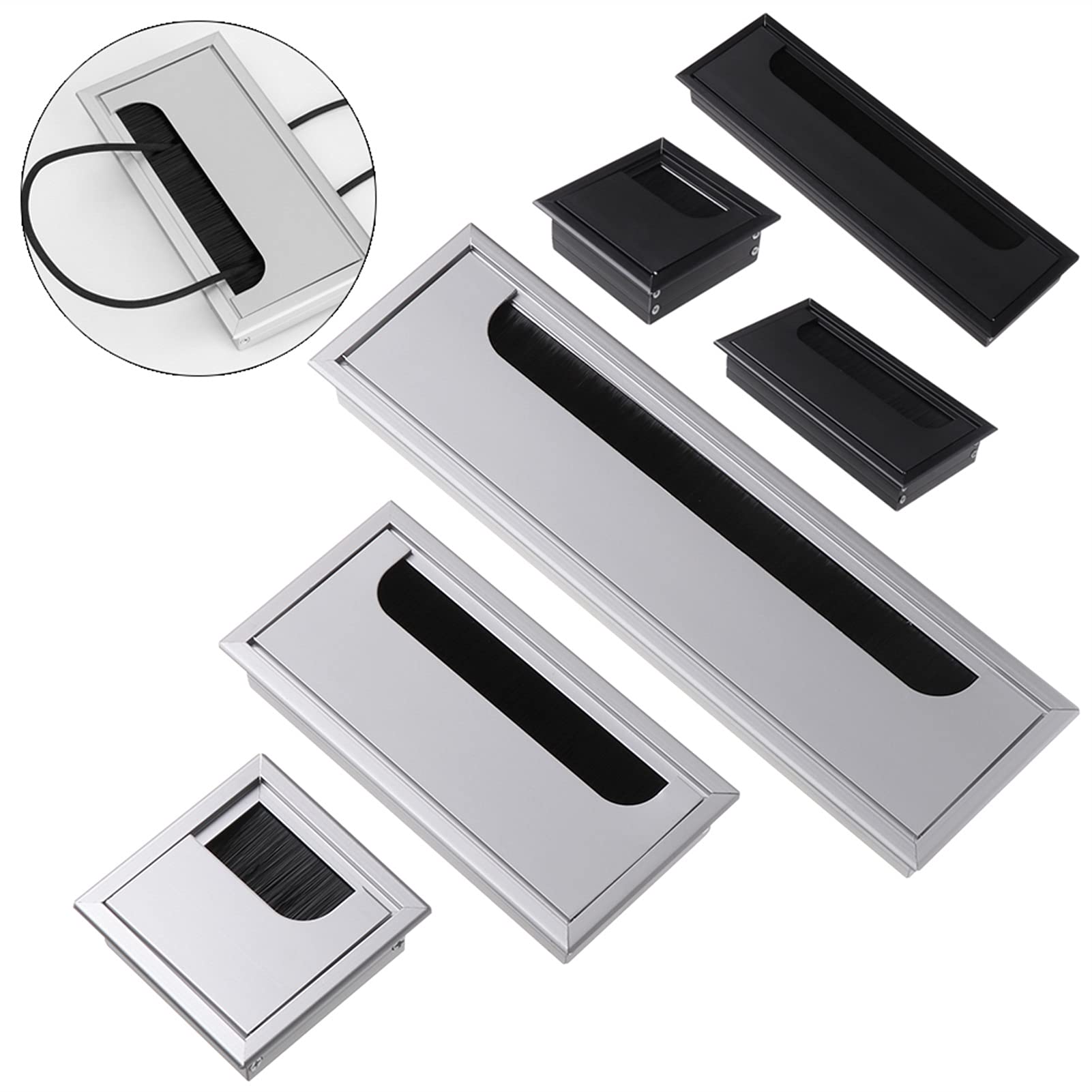 Passe-câble de Bureau Passe-câble de Table, Alliage d'aluminium, Bureau, Bureau, rectangulaire, Passe-câble, Trou de Sortie avec Brosse Noire(80mm Black)
