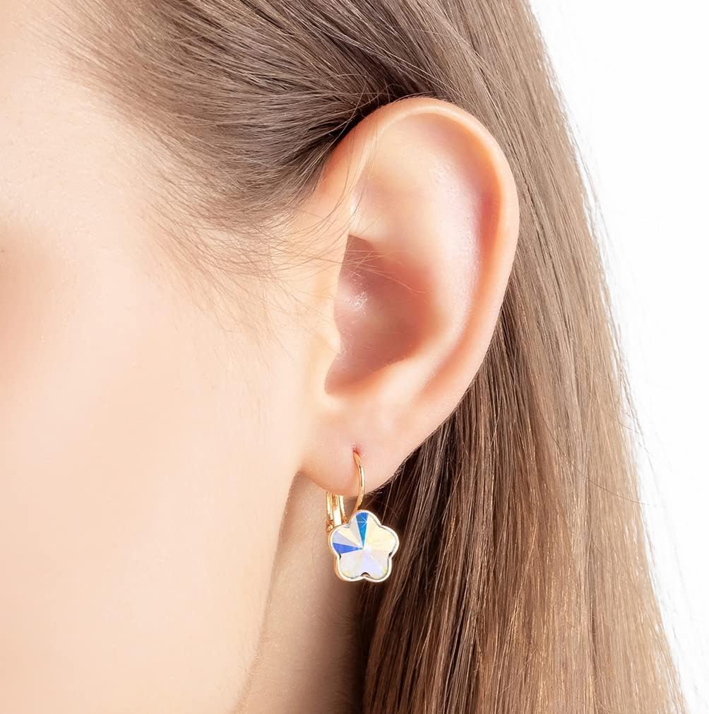 Austrian Crystal Flower Leverback Drop Earrings for Women 14K Rose Gold Plated Hypoallergenic Jewelry - Image 6