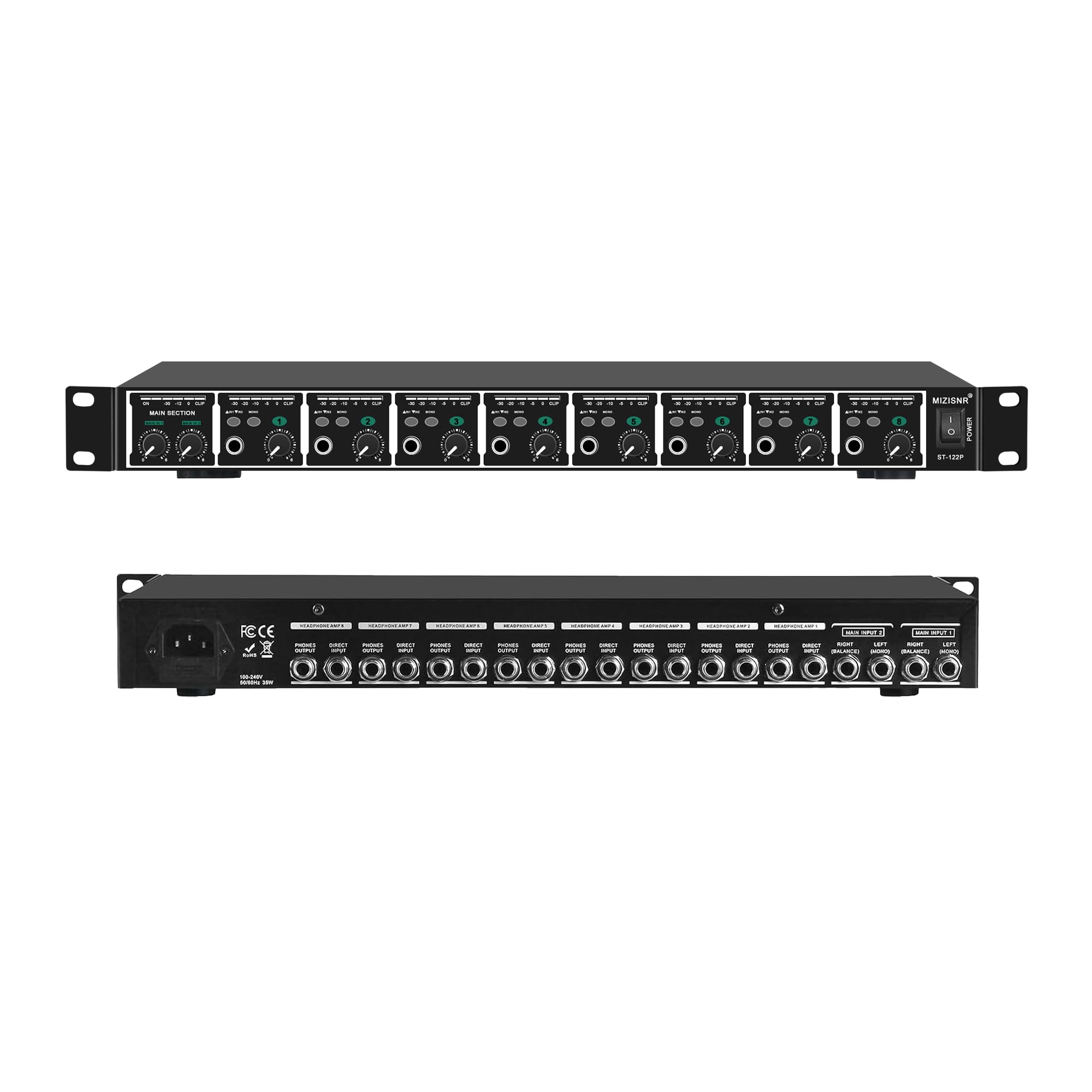 Headphone Amp, 8-Channel Rackmount Headphone Mixing Distribution Amplifier with Stereo/Mono Modes, 16 Headphone Outputs, LED Meters for Studio & Live Sound Monitoring