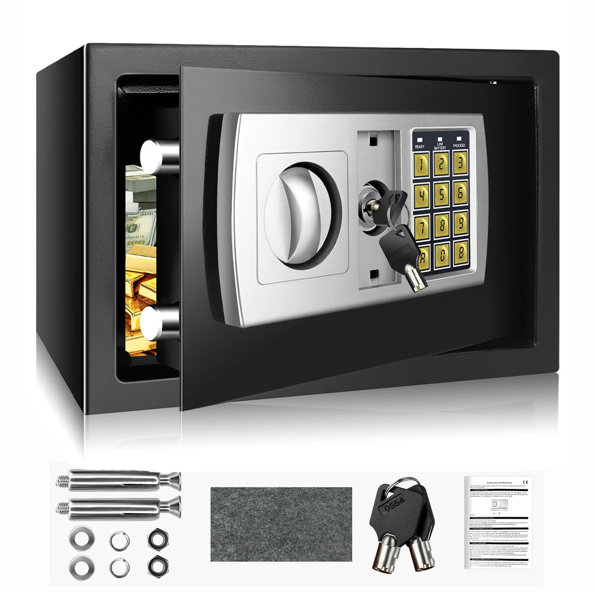 8.5L Fireproof Safe for Home, Steel Safe Box with Key and Digital Keypad Lock Cash Box, 31x20x20cm Cash Safety Box, Waterproof Household Small Safes Perfect for Medicines, Passport Cabinet Safes