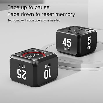 Productivity Visual Timer, Cube Gravity Sensor Countdown Countup Desk Timer with 4 Preset Modes Customizable Time Silent Flash Screen for Work Study Cooking ABS LCD 53x53x40mm (Black)