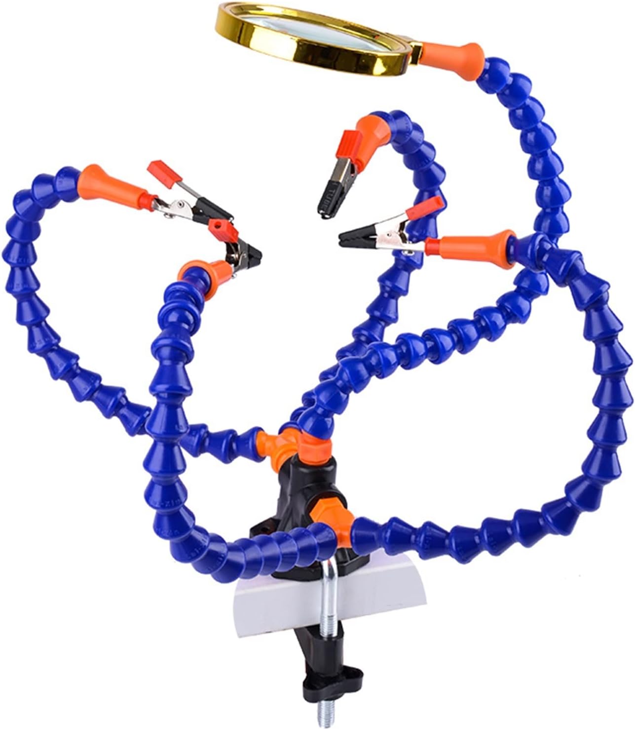 4-Inch 4-Jaw Self-Centering Chuck Set Bench Vise Table Clamp Soldering Station with 5Pc Flexible Arms Soldering Iron Holder PCB Welding Repair Third Hand Tool with 1-Inch x 8TPI Thread