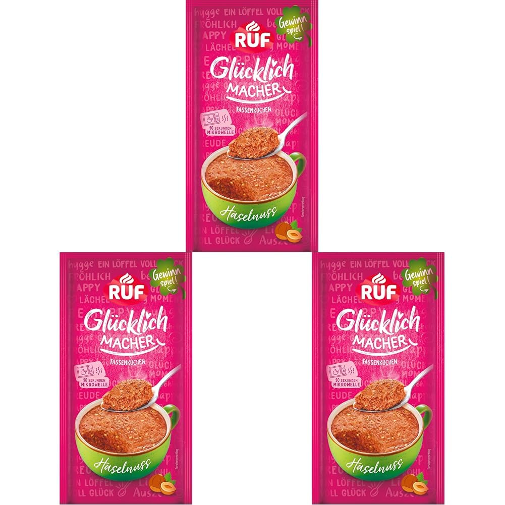 RUF Glücklichmacher Tassenkuchen Haselnuss, trendiger Nusskuchen mit crunchy Haselnussstückchen, in 90 Sekunden fertig, einfach mit Milch anrühren, 1 Portion (Packung mit 3)