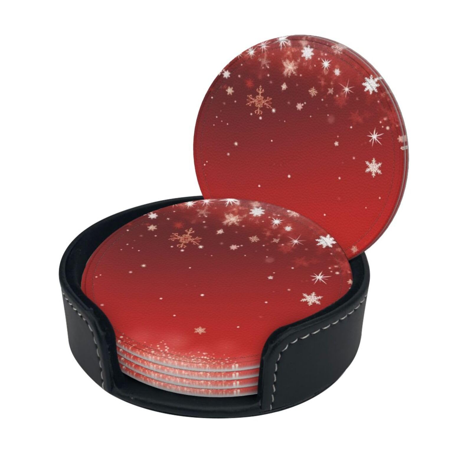 Stylish Coasters - Christmas Set of 6 Round Leather Drink Coasters with Holder - Perfect Size for Cups and Glasses