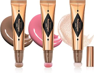 Contour Beauty Wand,Liquid Highlighter Wand,Blush Wand with Cushion Applicator Long Lasting Smooth Lightweight Fair Luminizer Contour+Pink Blush+Pearl White Highlight
