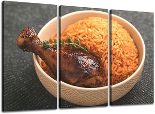 3 Piece Canvas Wall Art Prints Picture Nigerian Jollof Rice chicken thigh Framed Wall Painting Modern Artwork Poster Home Decor for Living Room Office Ready to Hang