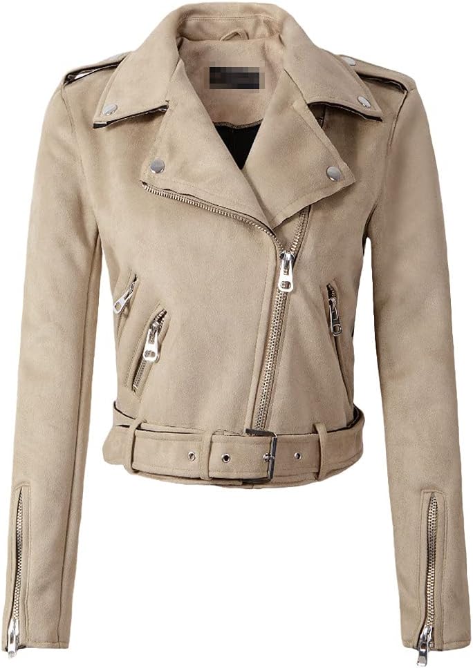 KEHAIOO Women Autumn Thick Fake Suede Faux Leather Jackets Sashes Lady Matte Motorcycle Coats Biker with Zipper Pocket