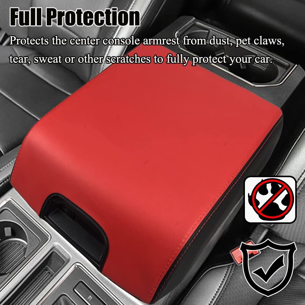 XITER 1PC Leather Center Console Armrest Box Cover Waterproof Cushion Pad for F150 2015-2020 F250 F350 F450 Super Duty 2017-2022 Expedition 2018-2023(Red+Black)