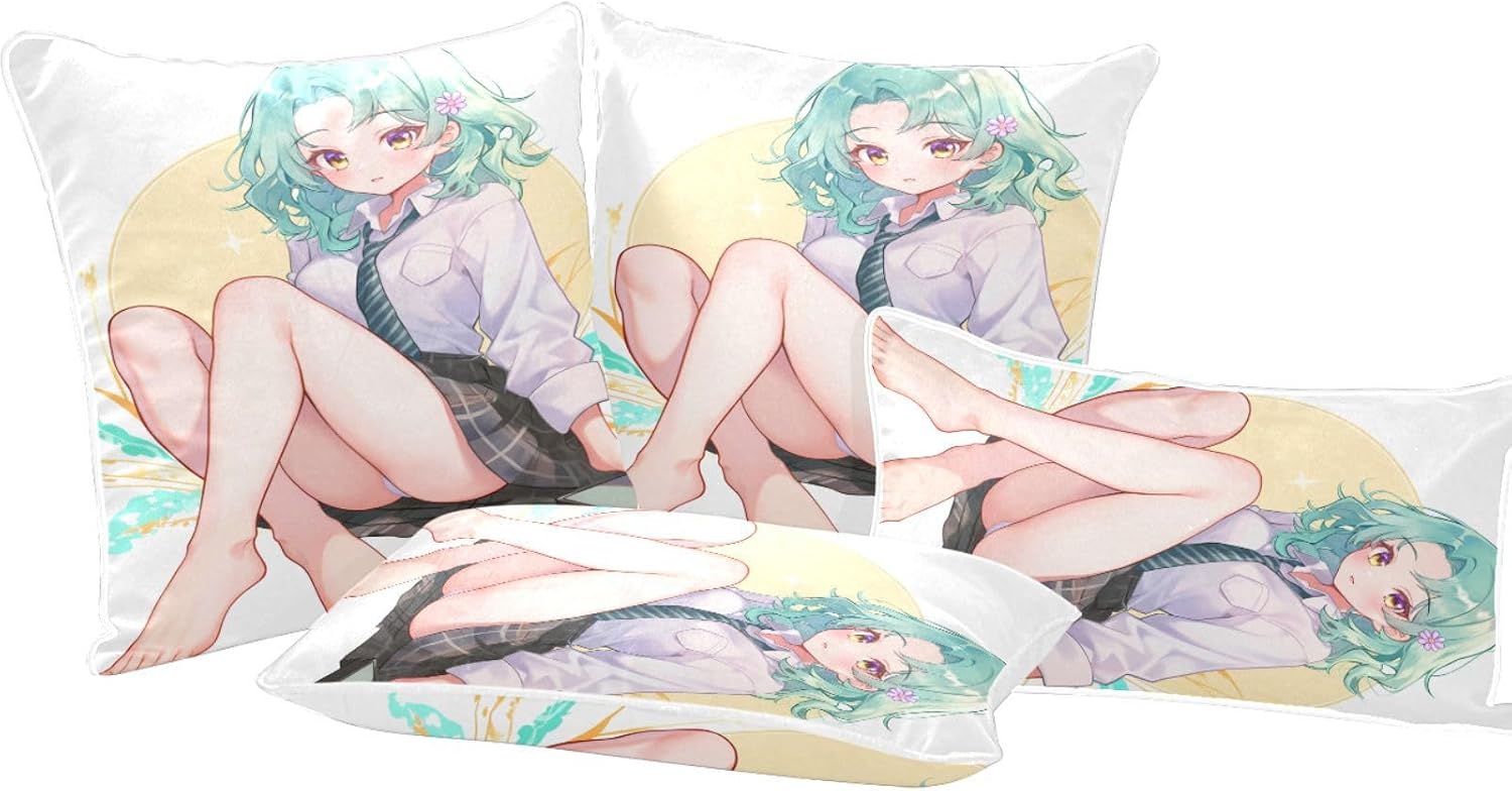 Decorative Green Hair Cute Anime Student Body Pillow case Protector 2 Pack for Couch Sofa Chair Bed Living Room