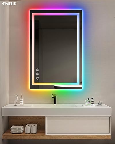 oneup Espejo de baño LED RGB de 24 x 36 pulgadas con luces, espejo de baño que cambia de color RGB, espejos de tocador iluminados para pared,