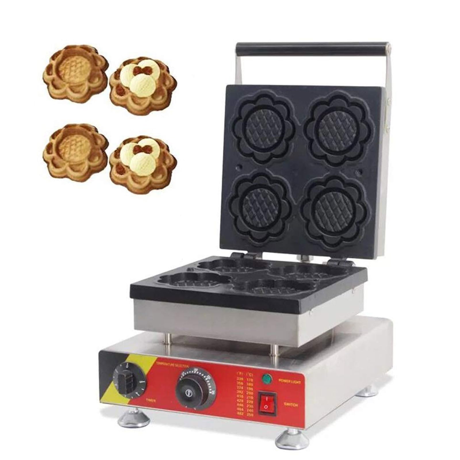 Piastra elettrica per Waffle a Forma di Fiore da 1500 W, Piastra per Waffle Professionale a Quattro fette con riempimento Profondo, Timer e Controllo della Temperatura, Macchina PE,