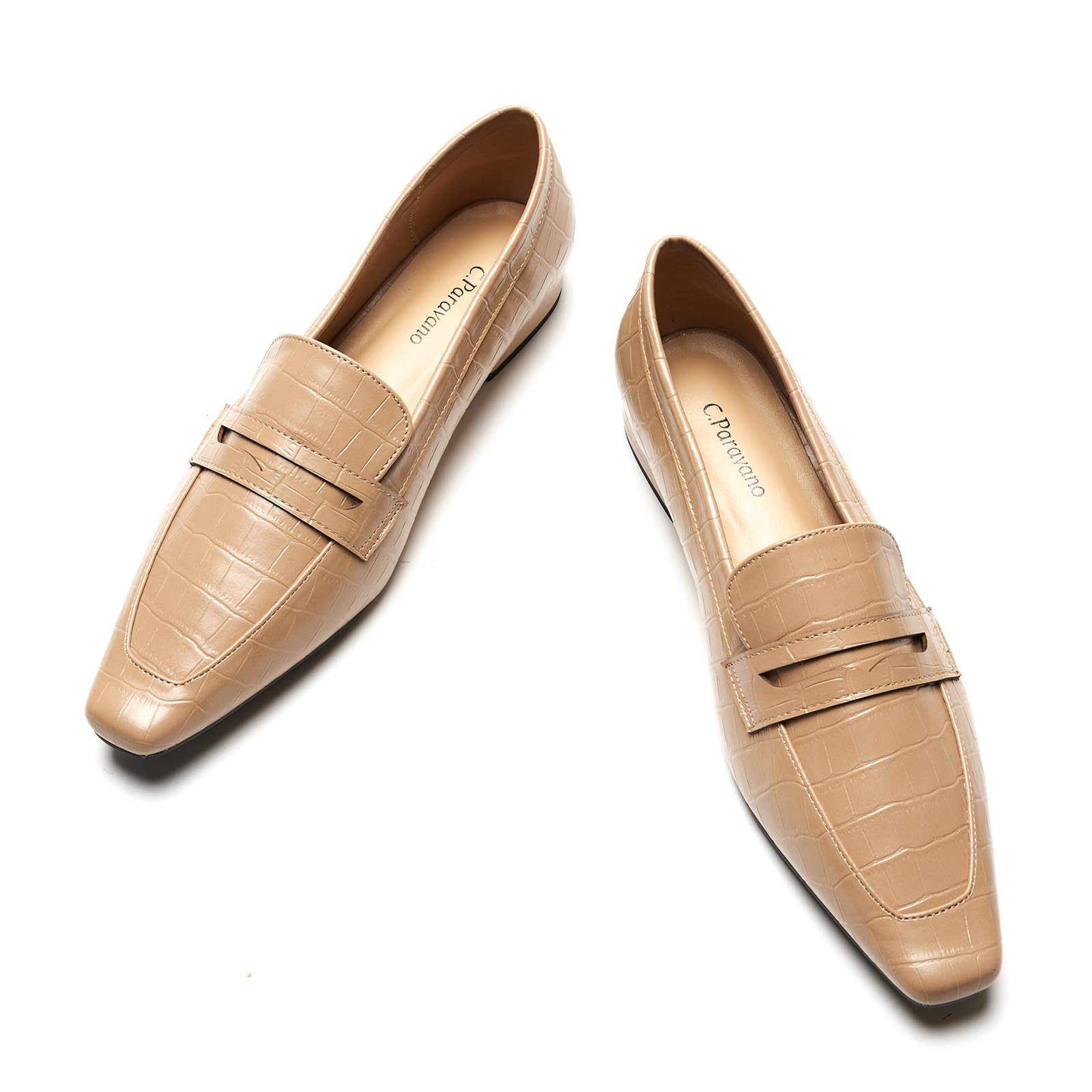 C.Paravano Penny Loafers for Women, Crocodile-Embossed Slip-ons Comfortable Dressy Formal Dress Square Toe Flats Loafer Shoes for Business Casual Wear