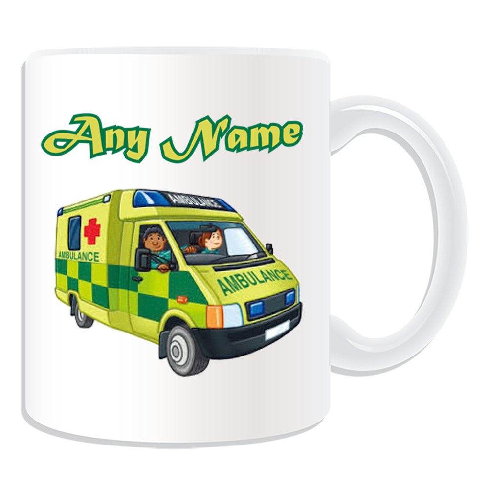 Unigift White Personalised Gift - Uk Ambulance Mug (Transport Design Theme, ) - Any Name / Message On Your Unique - Nhs Van Vehicle Hospital St John Red Cross Paramedic Emergency Services 999 Driver Automobile