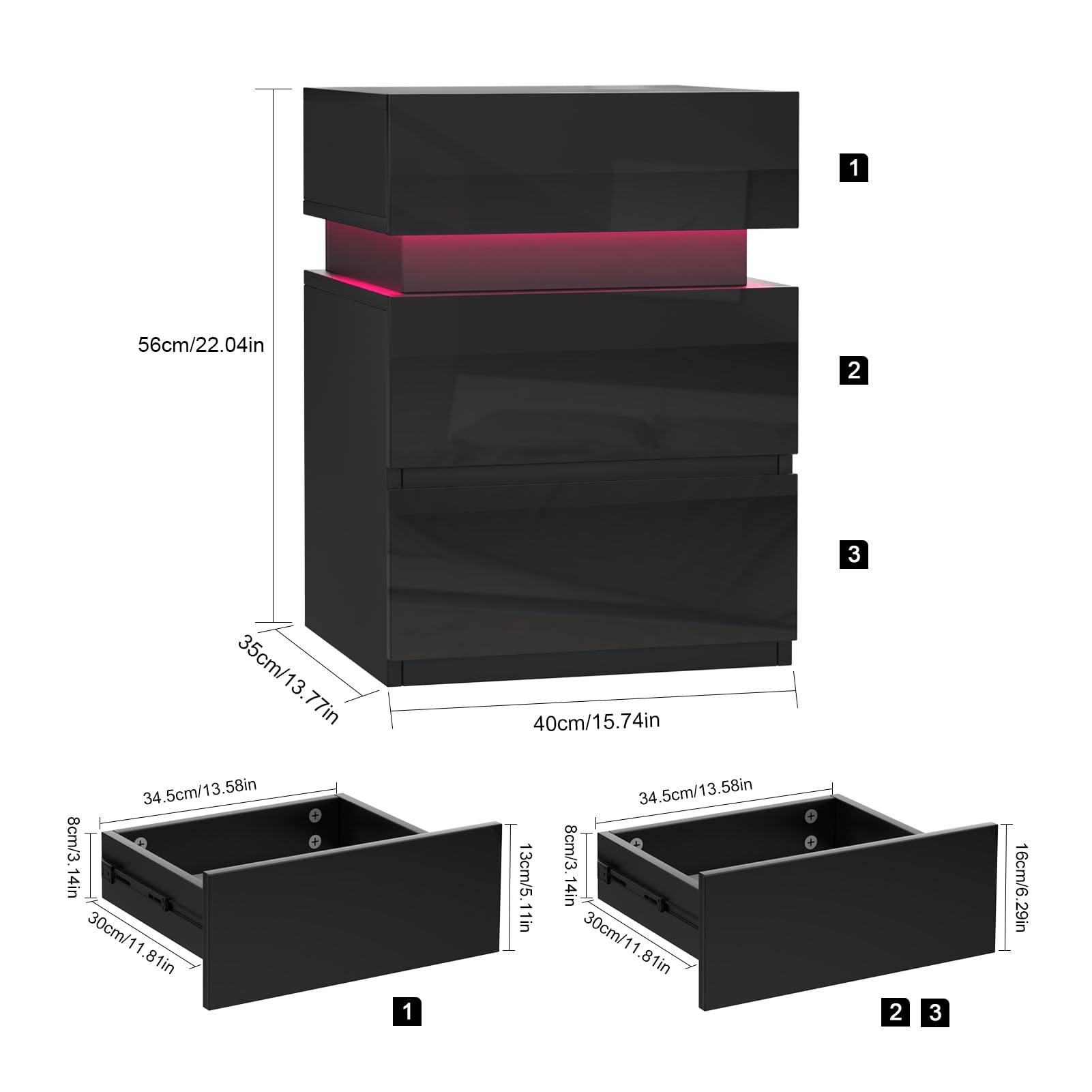 Lvechforhm Comodino con Striscia con illuminazione LED, Comodino Stretto con 3 Cassetti, Tavolino in Stile Moderni, Comodini Camera da Letto 40x35x55cm Nero, per Soggiorno Classico Organizzatore