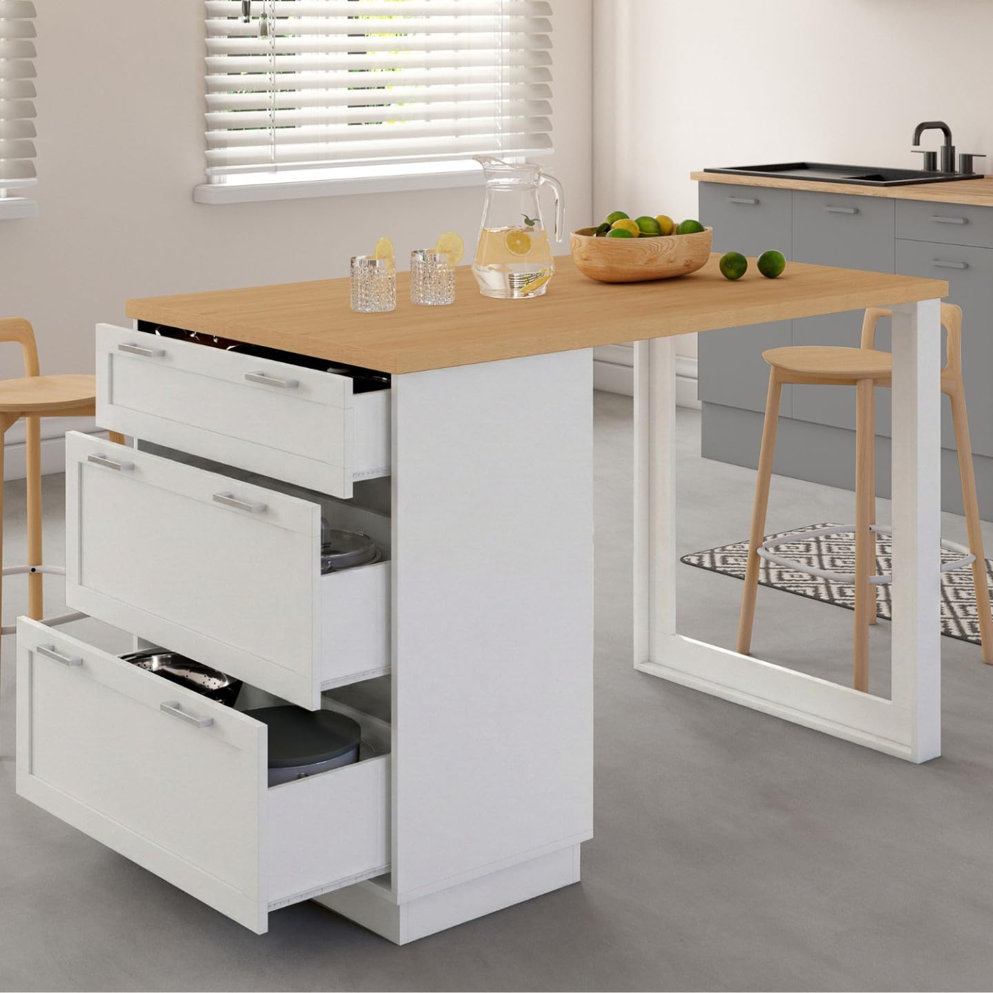 IDMarket - Ilot Central Mange-Debout 4 Personnes VITO 130 cm casserolier 3 tiroirs Blanc et Plateau Bois