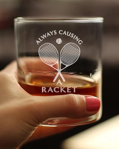 Miniatura 3 de Causing A Racket - Whiskey Rocks Glass - Funny Tennis Themed Decor and Gifts - 10.25 Oz Glasses